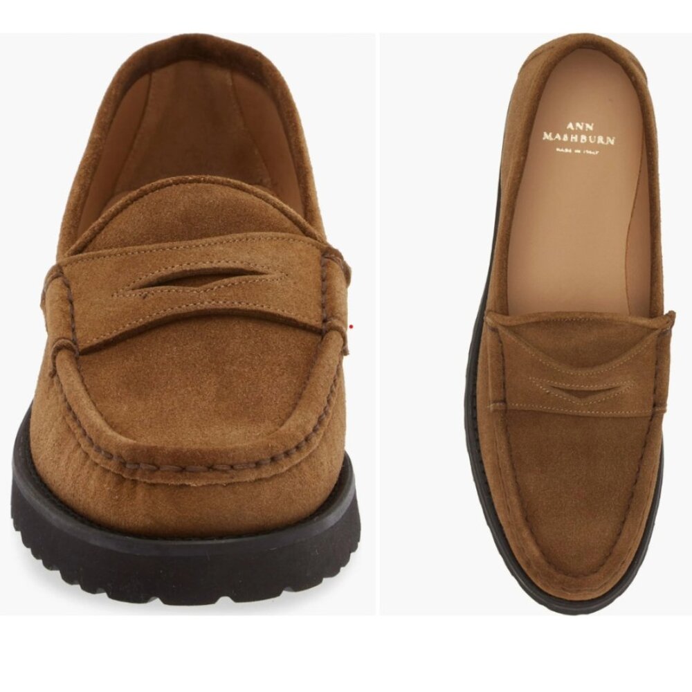 Ann Mashburn | Suede Lug Loafers - Size 37 (US equiv 6.5-7), Rame Color (brown)
